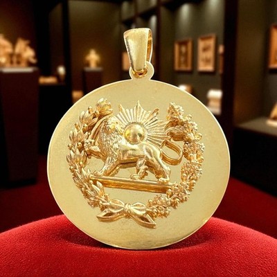 Vergoldeter Perser Löwe & Sonne Anhänger - 925 Sterling Silber Pahlavi Emblem