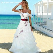 Vintage White Ruched Organza Wedding Dress With Burgundy Bride Gown Customized