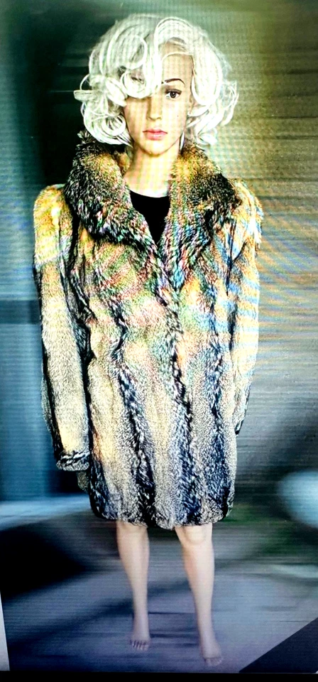 LARGO Genuino LUJOSO Cristal Gris Rojo Piel de Zorro Costa M/L Hasta la Rodilla Foto 3 de 4