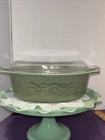 Vintage Pyrex 2 1/2 Qt Sage Green Gold Scroll Oval Casserole Dish 045 W/lid