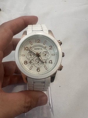 Men's Gold & White Finish Fashion Geneva link Dressy Casual Watch New Battery