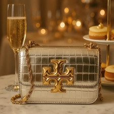 NEW Tory Burch Eleanor Gold Croc Embossed Leather Small Convertible Shoulder Bag