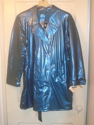 Vintage TOTES Womens SHINY PVC Raincoat Trenchcoat TEAL size LARGE NEW W/Tags