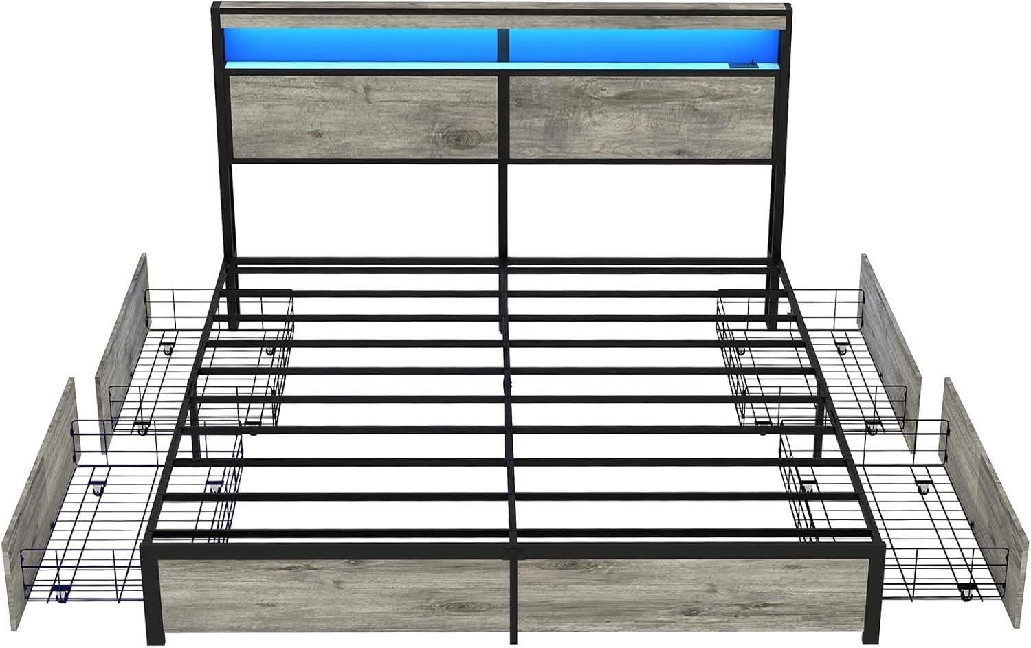 King/Queen Metal Platform Bed Frame with LED Light Charging Headboard, 4 Drawers