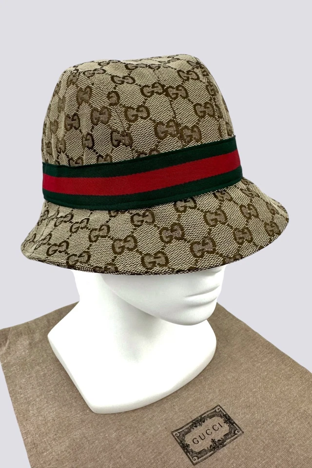 Gucci GG Monogram Logo Web Stripe Cotton Canvas Bucket Hat Cap Head Beige Size S - Image 3 of 4
