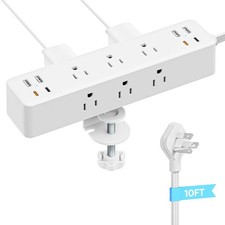 Flat Plug Desk Clamp Power Strip 10 Ft 40W 9 AC 8 USB C Fits 1.7 In Edge