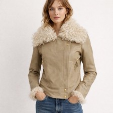 Gucci Womans Leather Jacket Shearling Motorcycle Beige Cream Designer Logo Sz 38