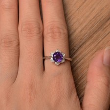 925 Sterling Silver Amethyst Round Cut Gemstone Halo Solitaire Ring Duty Free
