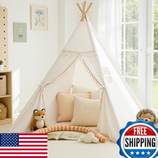Sumbababy Kids Teepee Tent - Natural Canvas, Fringe, Washable Playhouse