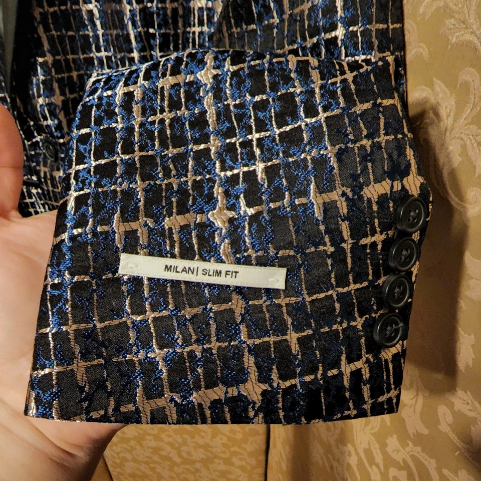 Chaqueta Blazer INC International Concepts Milan Calce Ajustado Metálica Azul Dorado Grande Foto 4 de 4