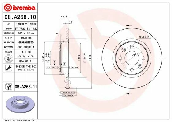 2X Brembo 08.A268.11 Bremsscheibe Vorne FüR Dacia Renault Smart-image