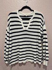 Loft Cotton Lightweight V-Neck White And Navy Stripe Pullover Sweater Medium