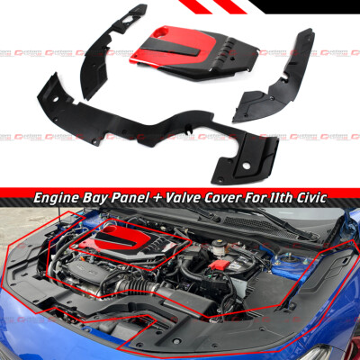 FOR 22-25 HONDA CIVIC ENGINE BAY SIDE PANEL SHIELDS + JDM RED BLACK VALVE COVER