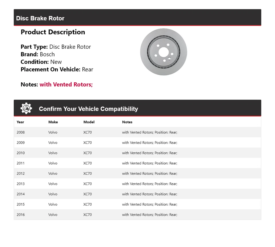 Rotor de freno de disco trasero para Volvo XC70 2008-2016 Bosch QuietCast 2009 2010 2011 Foto 2 de 4
