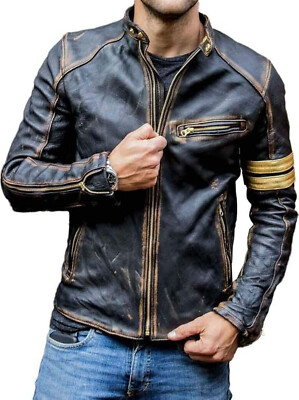 Herren Echt Leder Cafe Racer Jacke XS Schwarz Distressed Ziegenleder Biker