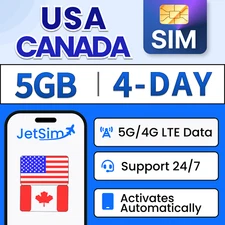 USA Canada SIM Card - 5GB High-Speed, 4 Day JetSim/Travel SIM