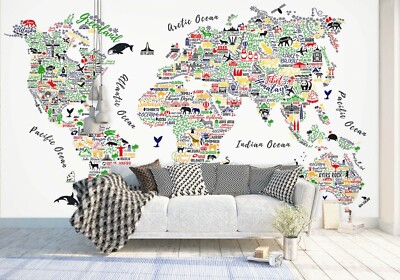 3D Green Leaves 275NAO World Map Wallpaper Mural Removable Self-adhesive Amy