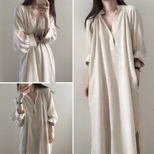 Women Loose Long Shirt Blouse Dress Vintage Casual Cotton V-neck Oversized Retro