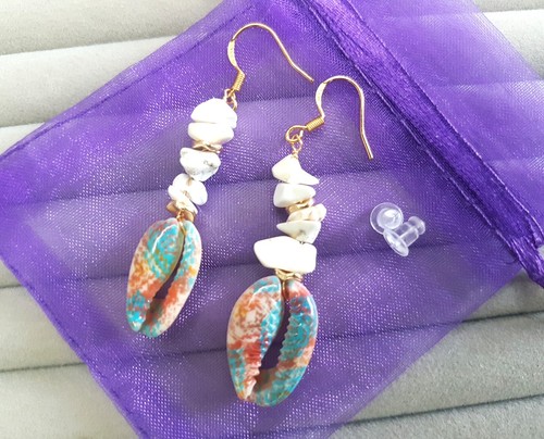 Colorful Crushed Stone White Turquoise & Shell Dangle Earrings- 925 Silver Hook - Picture 3 of 10