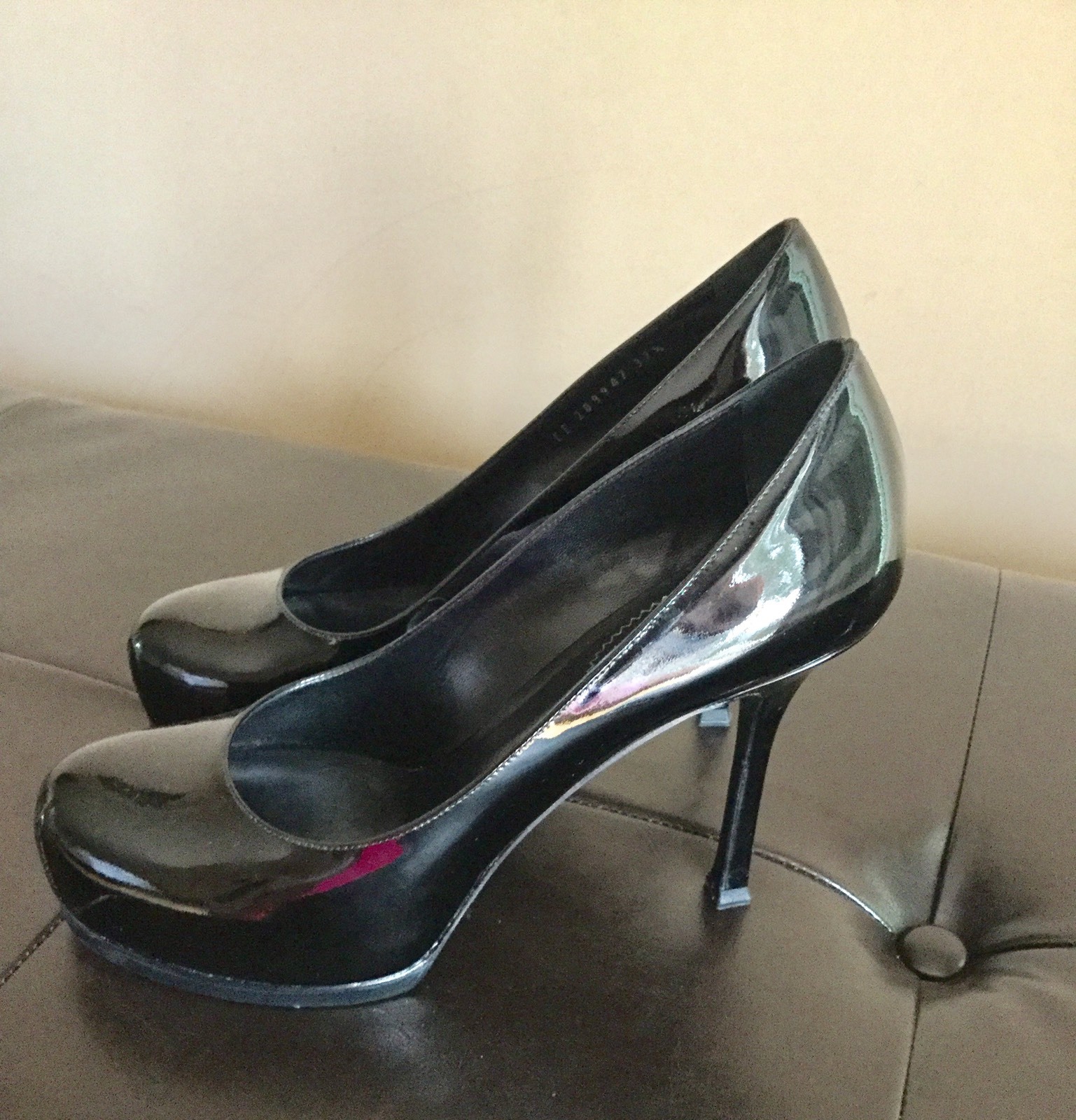 YVES SAINT LAURENT Black Patent Leather Tribtoo Platform Pumps Size 37 1 2