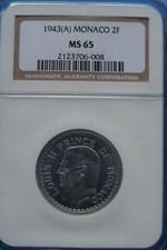 Monaco 1943(A) 2 Francs NGC MS65! Seltenheit! Super Grading!