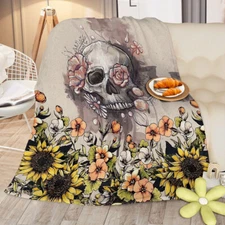 Warm Fleece Throw Blanket Rustic Skull Sunflower Sherpa Blanket for Sofa Gift