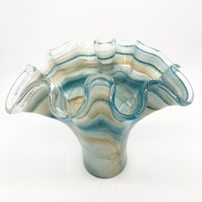 Hand Blown Murano Style Blue  Orange Ruffled Marbled Art Glass Statement Vase