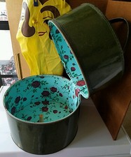 Vintage wig hat box green patent leather Floral liner hippie zipper retro lot