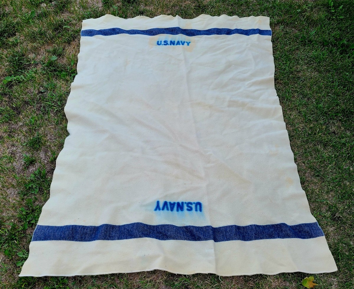 Vintage WWII U.S. Navy Blanket Wool Cream With Blue Stripe