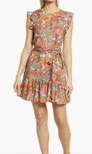 Mini Vestido MARINE LAYER Laney Para Mujer S Floral Cinturón Volantes Boho Playa Lino