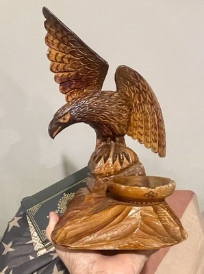 Vintage Hand Carved Wood Eagle Ashtray Trinket Holder Folk Art Rustic Decor