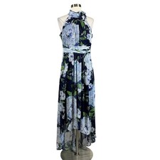 Eliza J Women's Maxi Dress Size 4 Blue Sparkly Floral Print Chiffon High Low Hem