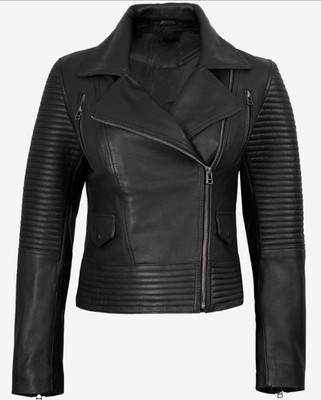 Women's Black Genuine Leather Biker Jacket Quilted Moto Motorcycle Zip Coat