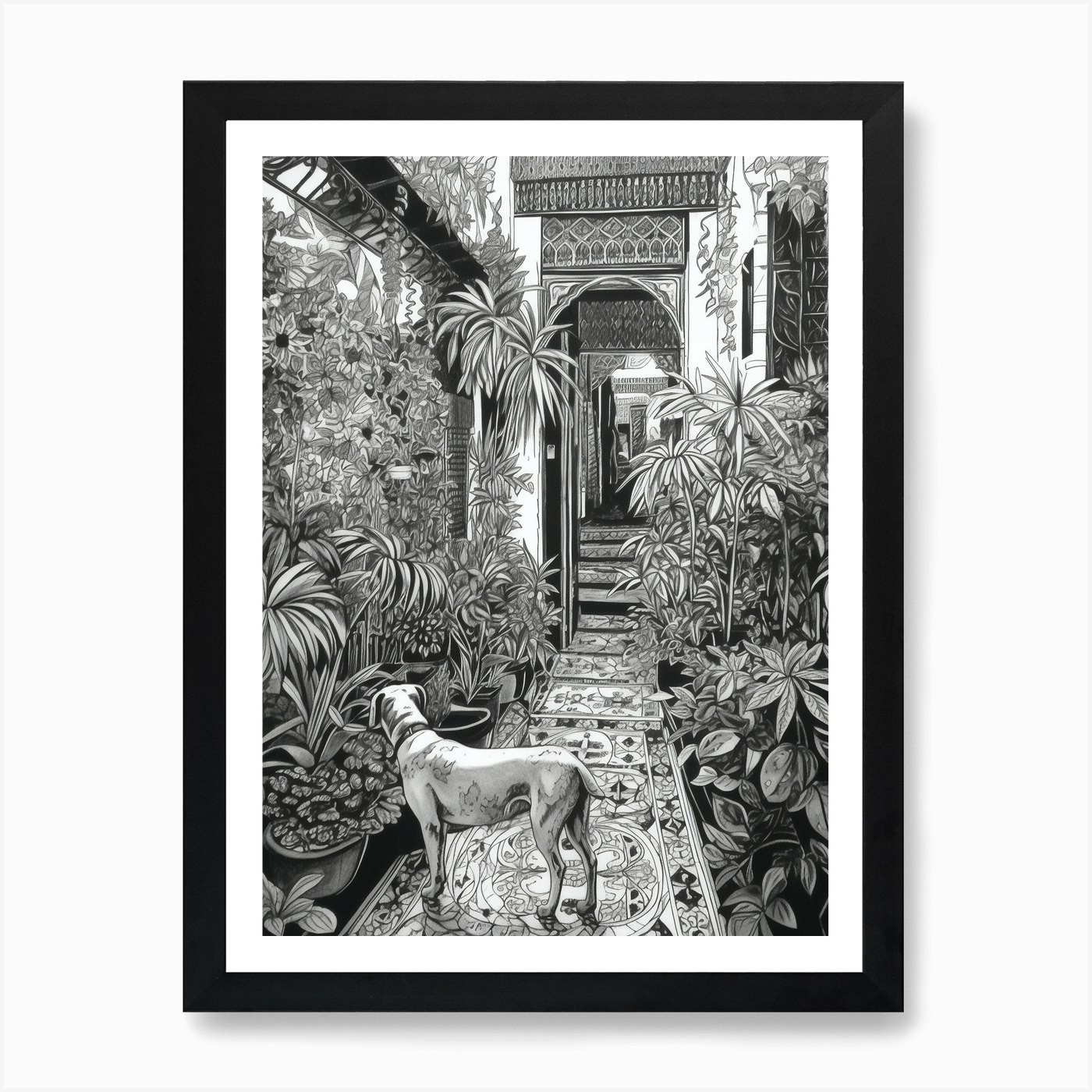 Dog in Jardin Majorelle Framed Canvas Wall Art Print