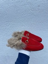 GUCCI WMNS Horsebit Princetown Red Velvet Leather Fur Loafers 38 EU 8 US C226