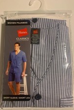 Men's Classic Striped Hanes Short Sleeve/ Short Leg Woven Pajamas Set New Small