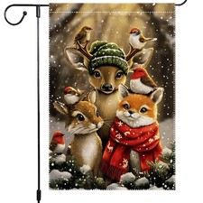Winter Forest Animals Garden Flag 12x18 Inch Double Sided Burlap Cute Fox Dee...