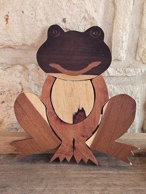 Vintage 11'' Handmade Intarsia Wood Frog Wooden Wall Decor or Large Trivet 