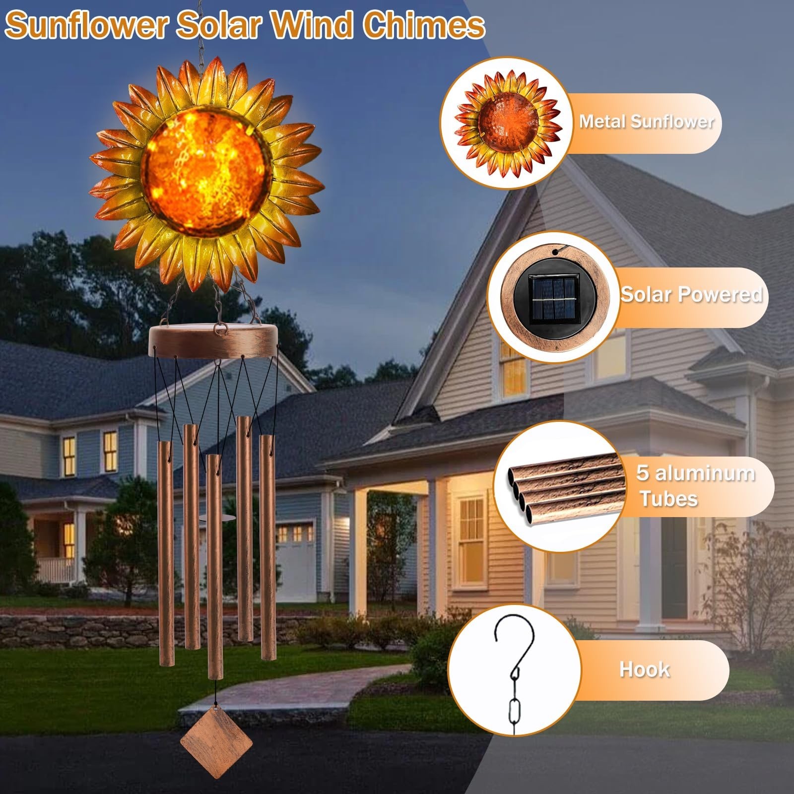 Solar Wind Chimes for Outside, Solar Sunflower Wind Chimes for Outdoor Garden...