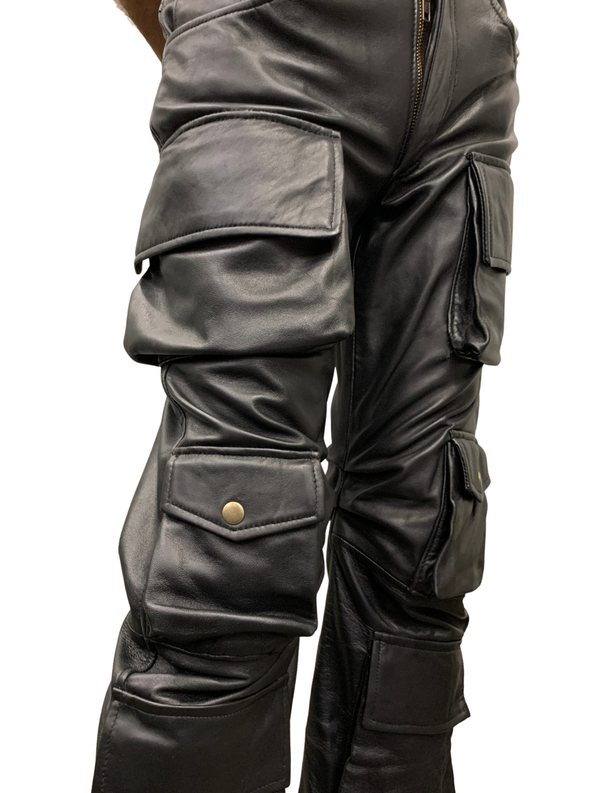 Handmade Black Leather Cargo Trousers, Unisex Slim Fit, Multi Pocket image 3