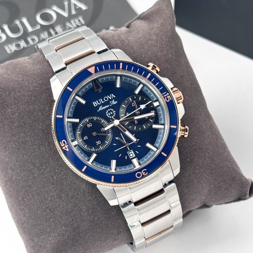 Reloj de acero Bulova Marine Star C 98B301 cronógrafo esfera azul dos tonos para hombre