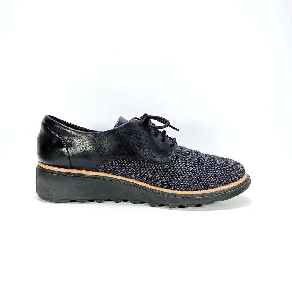 Clarks Sharon Rae Womens 8.5 Gray Tweed And Black Leather Oxford Low Wedge Shoe - Image 3 of 4