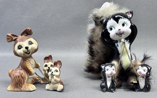 Vintage Japan Anthropomorphic Skunk & Rabbit Family Figurines Lot 1950s
