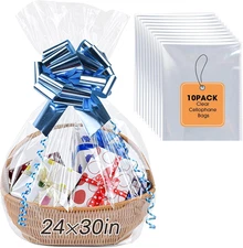 10PCS Large Cellophane Bags, 24x30 Inches Clear Cellophane Wrap for Gift Baskets
