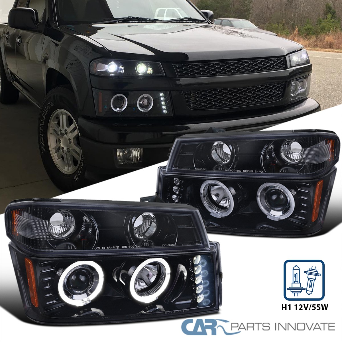 Fits 04-12 Colorado Canyon Glossy Black Halo Projector Headlights+