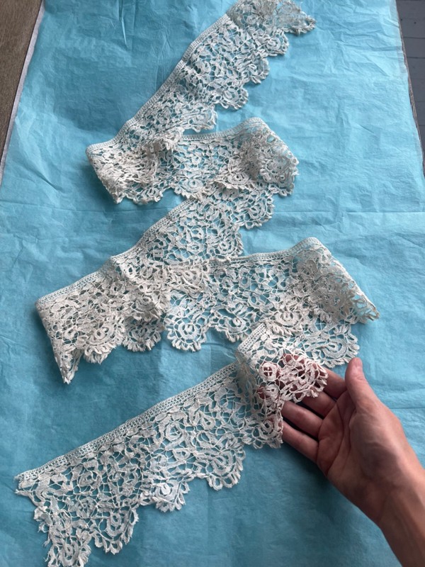 68" x 3.75 Length of honiton  handmade lace bobbin trim; soft ivory color