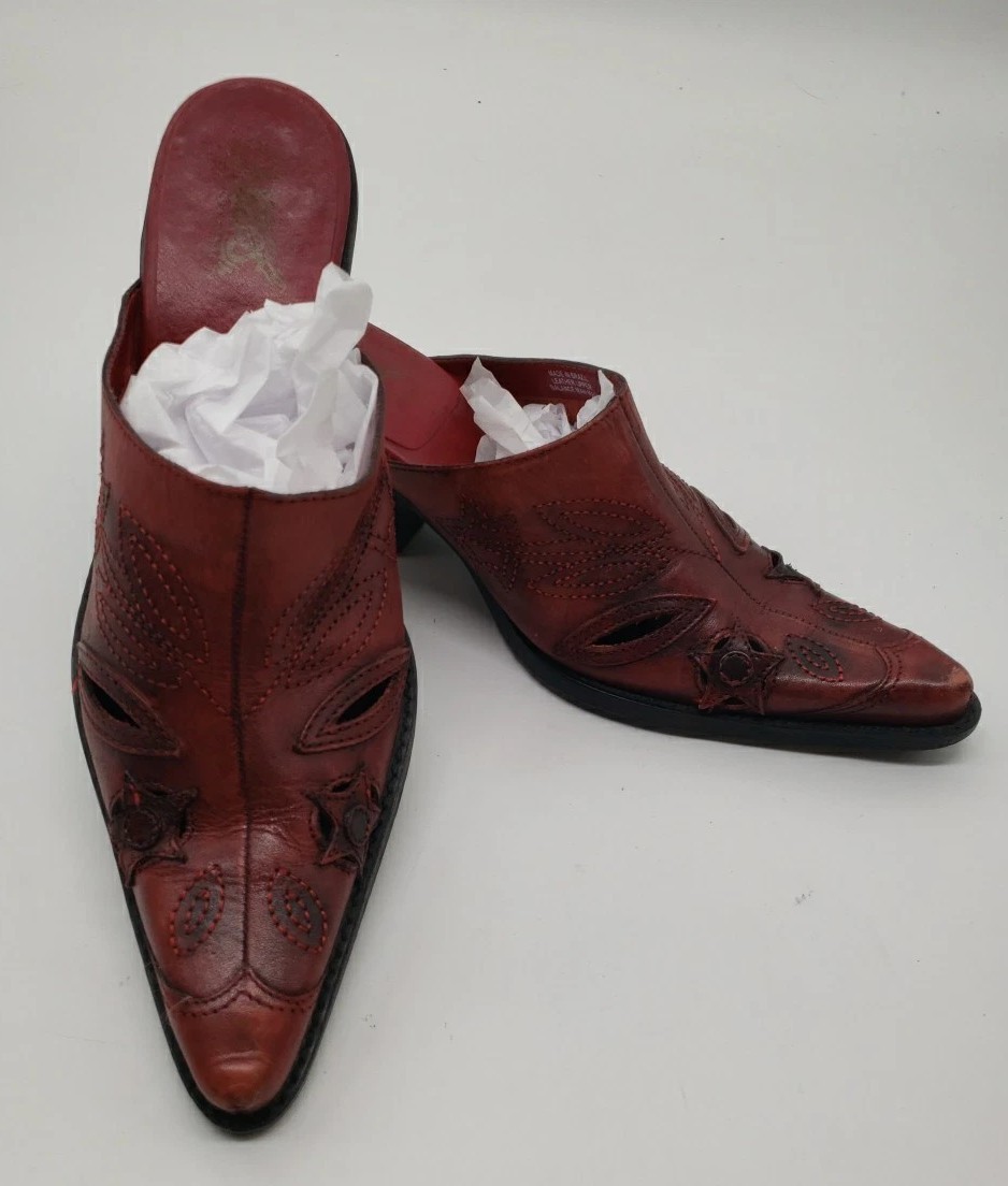 CARLOS Shoes Womens 6.5 M Red Inlay Leather Mules Cowboy Rodeo Boot Clog SANTANA
