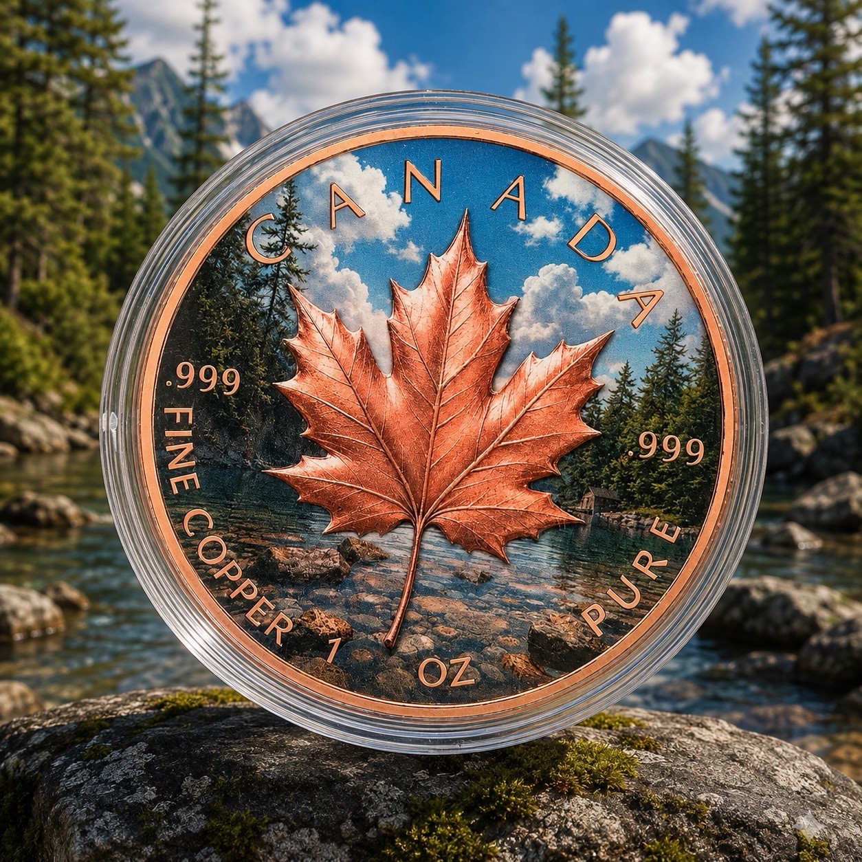 Canada Maple Leaf Wilderness 1 oz .999 Copper Colorized Medal 40mm w/ Capsule