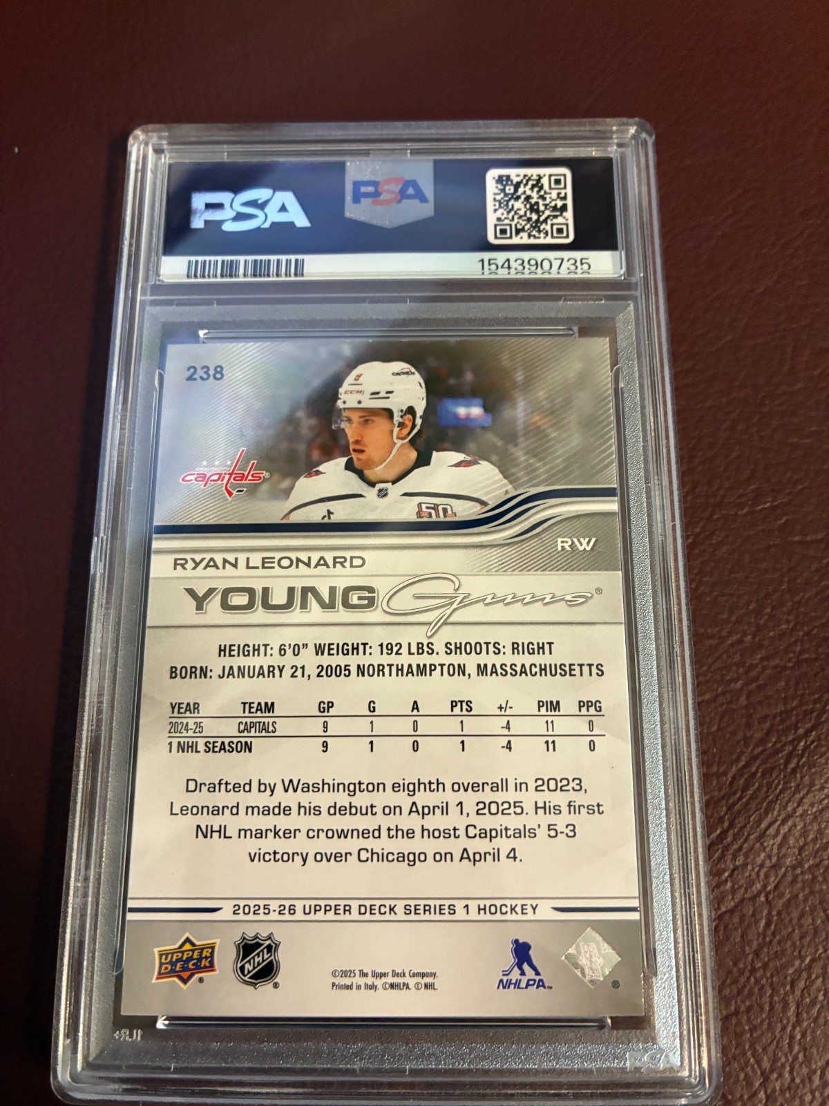 2025-26 Upper Deck Hockey Young Guns Ryan Leondard #238 PSA Graded view 2