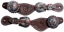 Showman Youth Leather Spur Straps Floral Tooling Unicorn Conchos